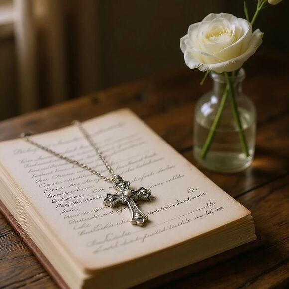 Vintage Sarah Coventry Limited Edition Gold/Silver Tone Cross with Pearl Pendant - Picture 1 of 6